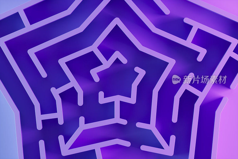 Labyrinth maze in star shape on lilac background with neon lighting